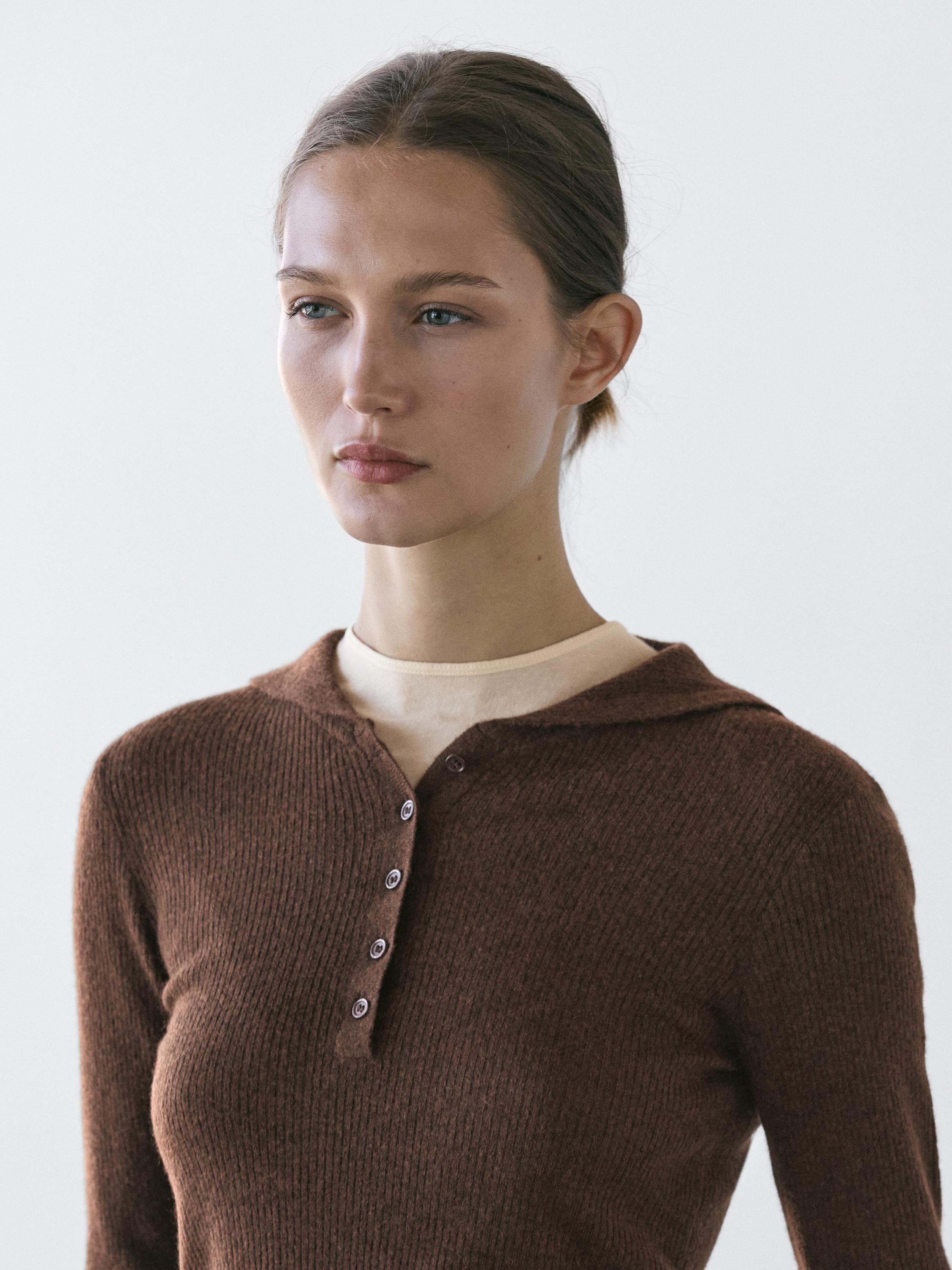 Melange knit polo sweater with collar detail